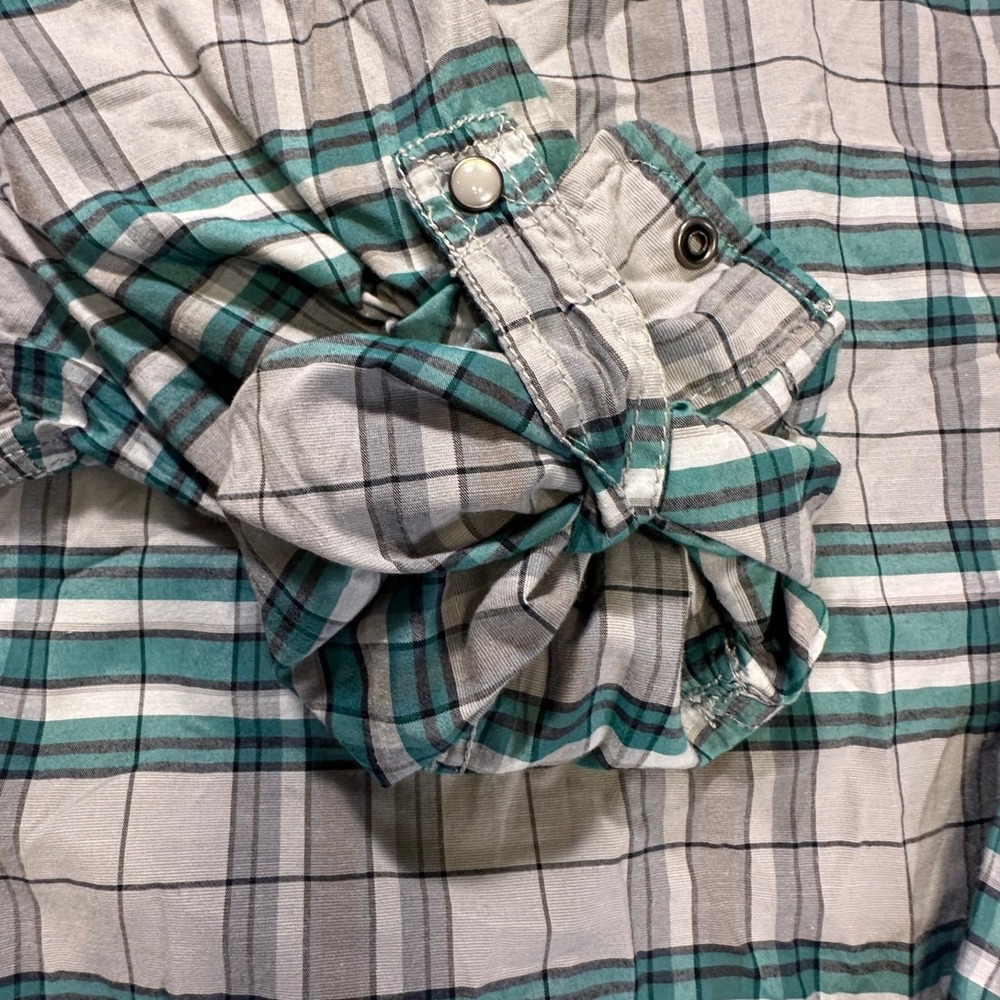 Helix Mens XL Teal Grey Plaid Western Pearl Snap Roll Tab Long Sleeve Shirt - Picture 9 of 9